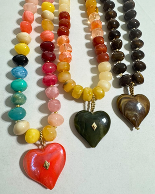 Pre-Order Chunky Bead With Heart Pendant Statement Necklaces-W