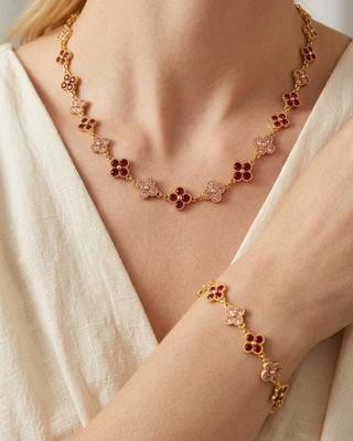 Crystal Flower Shaped Bead Adjustable Necklace & Bracelet Set-W