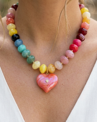 Pre-Order Chunky Bead With Heart Pendant Statement Necklaces-W