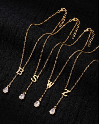 18K Gold Initial/Letter With Crystal Lariat Necklace-W