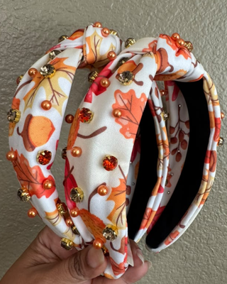 Fall Plaid & Leaves printed Rhinestone Knotted Headband-W