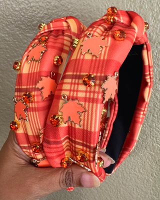 Fall Plaid & Leaves printed Rhinestone Knotted Headband-W