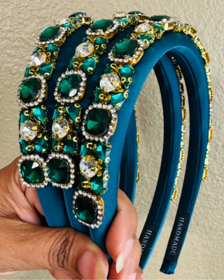 Green Rhinestone Handmade Statement Headband-W
