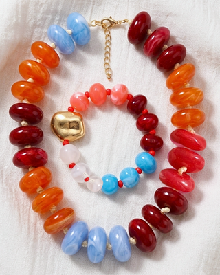 Fall Multicolor & Gold Chunky Bead Necklace & Bracelet-W