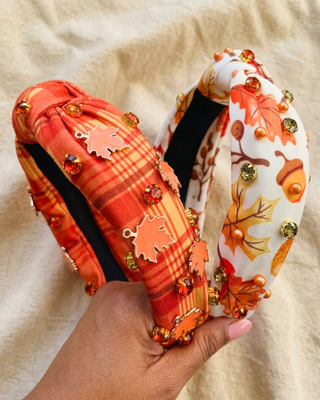 Fall Plaid & Leaves printed Rhinestone Knotted Headband-W