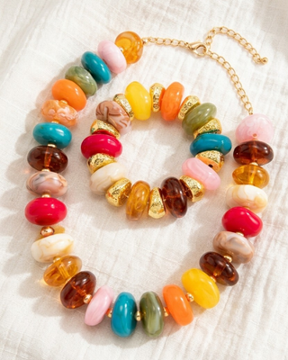 Pre-Order Fall Color Chunky Beads with Gold Accents Necklace & Bracelet Set-W