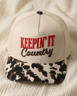 Keepin' It Country Embroidered Cow Print Cap-W