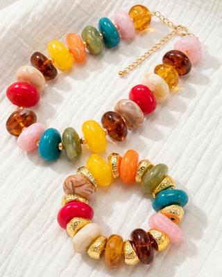Pre-Order Fall Color Chunky Beads with Gold Accents Necklace & Bracelet Set-W