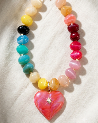 Pre-Order Chunky Bead With Heart Pendant Statement Necklaces-W