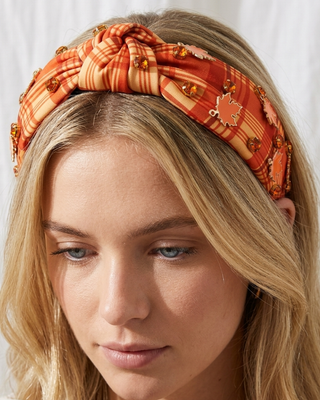 Fall Plaid & Leaves printed Rhinestone Knotted Headband-W