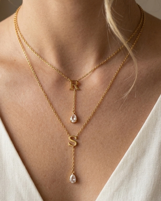 18K Gold Initial/Letter With Crystal Lariat Necklace-W