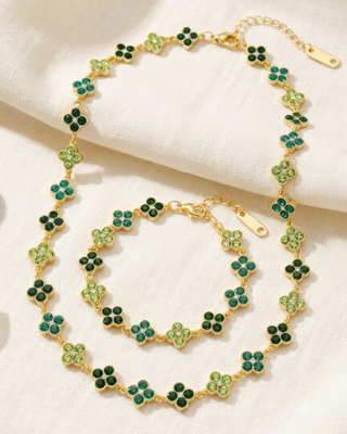 Crystal Flower Shaped Bead Adjustable Necklace & Bracelet Set-W
