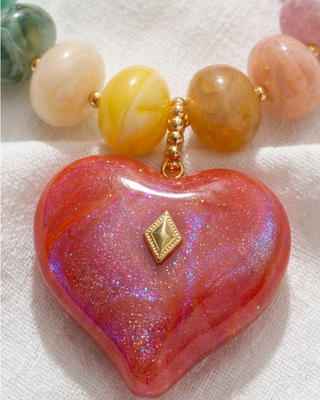 Pre-Order Chunky Bead With Heart Pendant Statement Necklaces-W