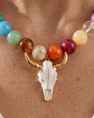 Western Chunky Beaded Necklace with White Steer Skull Pendant - W