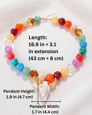Western Chunky Beaded Necklace with White Steer Skull Pendant - W