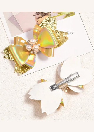 Glitter Bow Hair Clips (GOLDEN) SET OF 2 - 3.34''