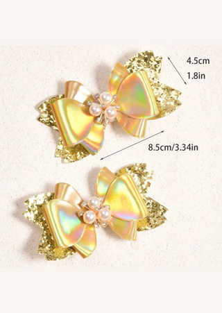 Glitter Bow Hair Clips (GOLDEN) SET OF 2 - 3.34''