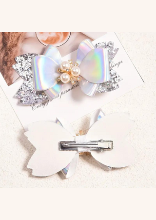 Glitter Bow Hair Clips (SILVERY) SET OF 2 - 3.34''