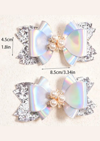 Glitter Bow Hair Clips (SILVERY) SET OF 2 - 3.34''