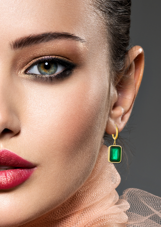 Gold-Plated Drop Earring with Cuboid Emerald Stones.