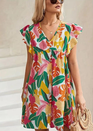 Multi-Colored Tropical Print Ruffle Dress