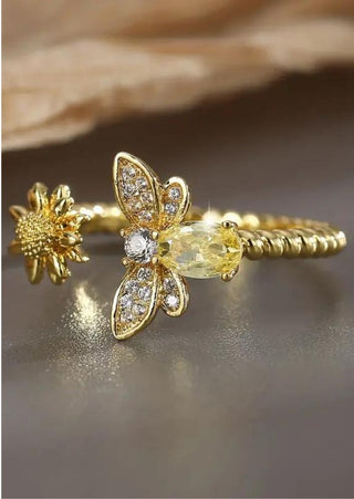 18K Gold-Plated Bee Embellished Zircon Adjustable Ring