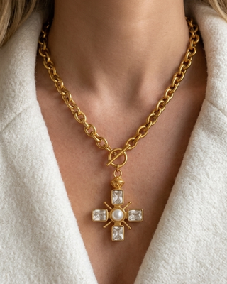Faith Pearl Crystal Cross Chunky Chain Necklace-W