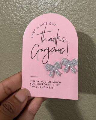 Acrylic Glittery Small Bow Studs on Thank You Cards-W
