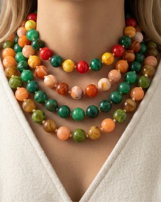 Fall Multicolor Round Bead Choker Necklaces Marble Pattern-W