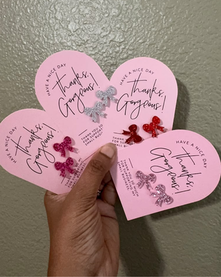 Acrylic Glittery Small Bow Studs on Thank You Cards-W