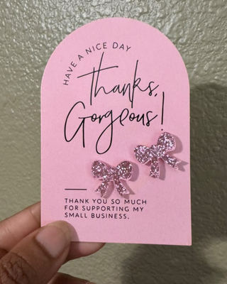 Acrylic Glittery Small Bow Studs on Thank You Cards-W