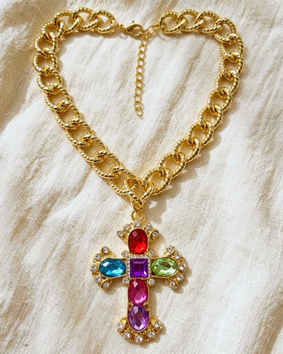 Faith Multicolor Stone Cross Chunky Chain Statement Necklace-W