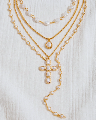 Faith Pearl Chunky Cross Lariat Chain Necklace Stack of 4-W