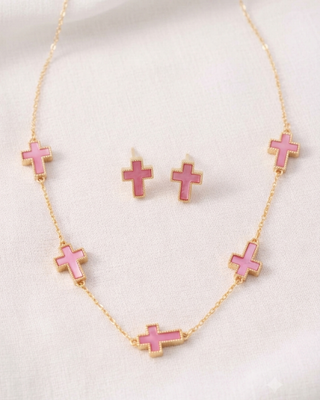 Faith Cross Chain Necklace & Earring Set Pink-W