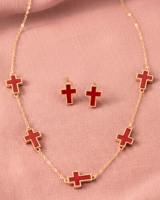 Faith Cross Chain Necklace & Earring Set Red - W