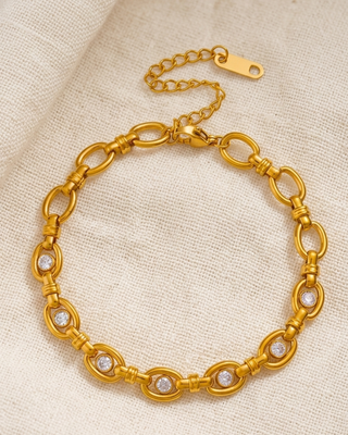 18K Gold Oval Link Zircon Chain Necklace & Bracelet-W