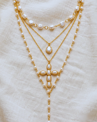 Faith Pearl Chunky Cross Lariat Chain Necklace Stack of 4-W