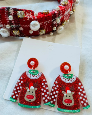 Christmas Plaid Knotted Headband & Ugly Sweater Earring Red-W