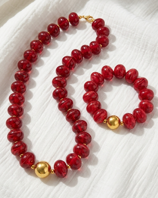 Christmas Red & Green Chunky Bead Necklace & Bracelet Set-W
