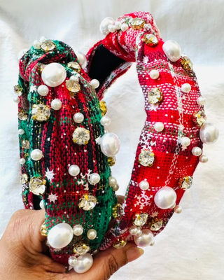 Christmas Plaid Pearl Rhinestone Knotted Headbands-W