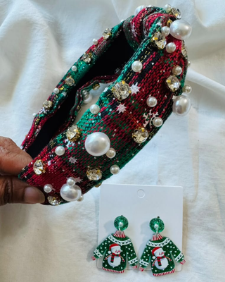 Christmas Plaid Knotted Headband & Ugly Sweater Earring Green-W