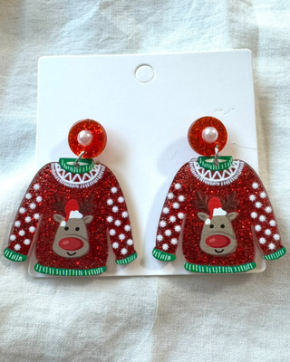 Christmas Plaid Knotted Headband & Ugly Sweater Earring Red-W