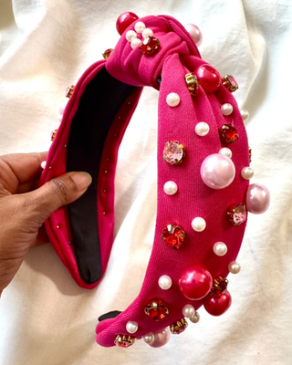 Rhinestone Pearl Hot Pink Knotted Headband-W