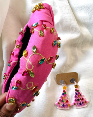 Christmas Light Pink Knotted Headband & Dangle Earring-W