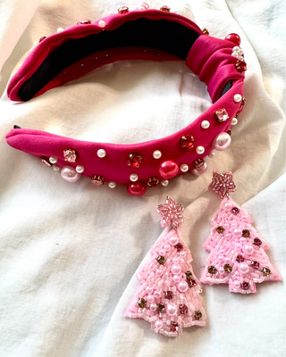 Rhinestone Pearl Pink Knotted Headband & Dangle Earring-W