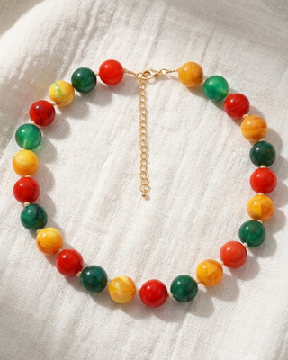 Fall Multicolor Round Bead Choker Necklaces Marble Pattern-W