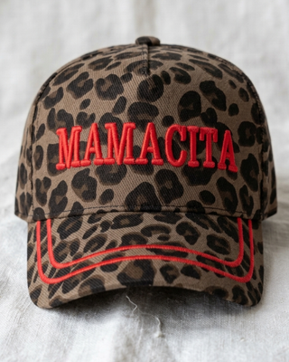 Pre-Order Mamacita Red Embroidered Leopard Print Cap-W