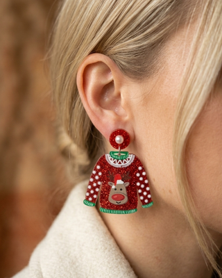 Christmas Plaid Knotted Headband & Ugly Sweater Earring Red-W