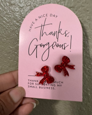 Acrylic Glittery Small Bow Studs on Thank You Cards-W