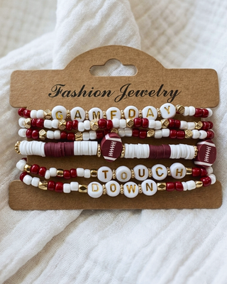 Burgundy White & Gold Touchdown Bracelet Stack of 6-W